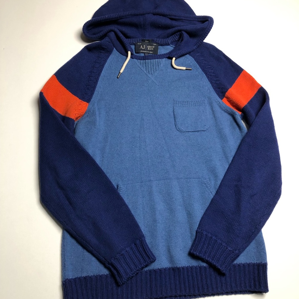 Armani Jeans Pullover Hoodie Wool Cotton Mens Sweater Blue Large